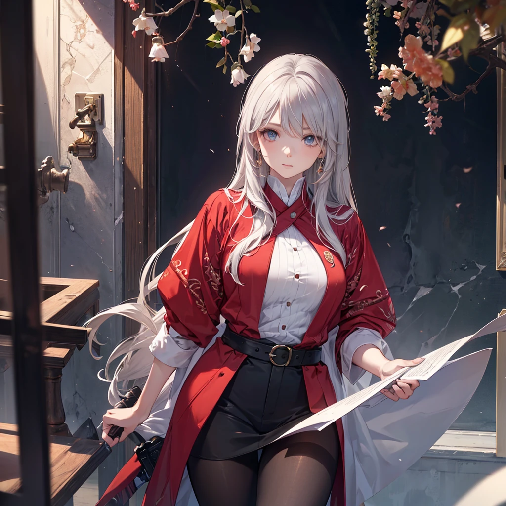 CG, Unity, 8k, wallpaper, Highest quality, masterpiece, Lovely lady, 18-year-old, Gray Hair, White skin, break, Ninja Costume, (pantyhose:1.3), (Realistic:1.2), Best lighting, Complex pupil, Intricate weaving, Detailed Background,professor