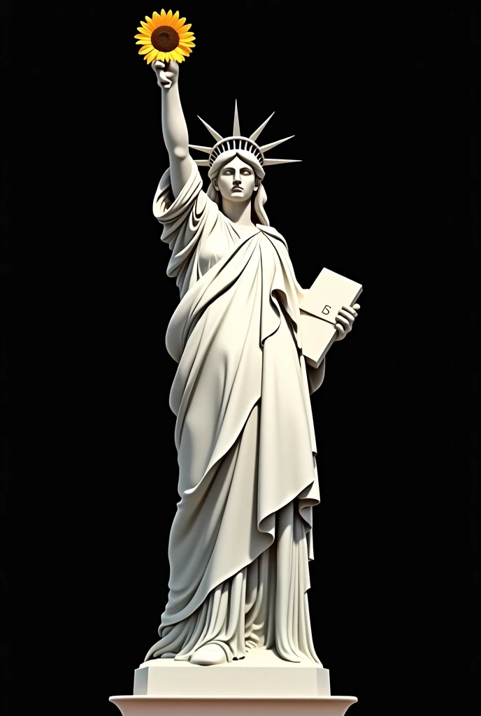 Please create an illustration of just the Statue of Liberty holding a sunflower。Background Black　Goddess White

