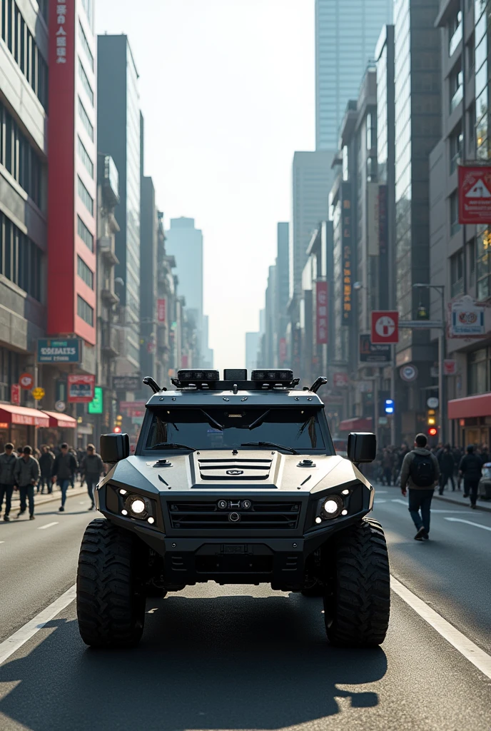 South Korean all-terrain tactical vehicle, transiting in the city of Seoul, wide angle, octane rendering, volumetric lighting, ultra detailed, intricate details, golden ratio, 3D image, resolution 64K. Photographic style: Canon EOS 90D Camera, lente 50mm, F2 aperture.5 
