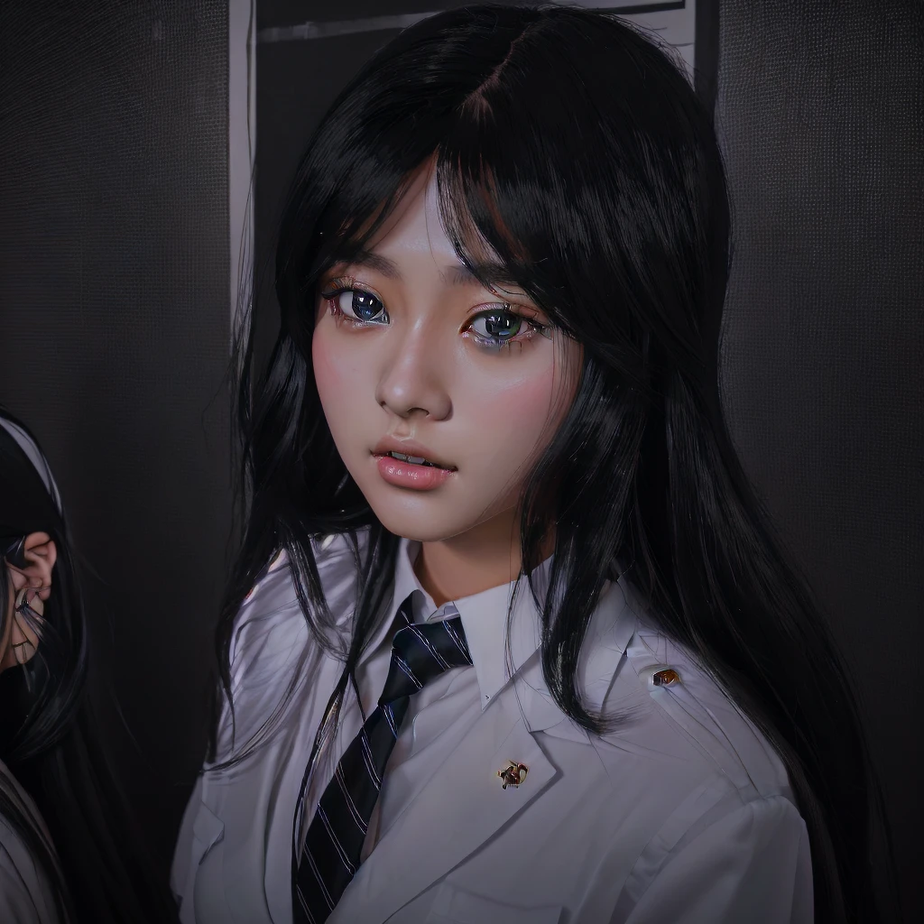 There is a woman with long black hair wearing a white shirt and tie., Surreal school girl, a Surreal school girl, artwork in the style of Gwaiz, Soft Portrait Shot 8k, Realistic Anime 3D Style, Gwaiz, Photorealistic Animation, Anime realism style, [ 4K Photorealism ]!!, Portraits of Korean female idols