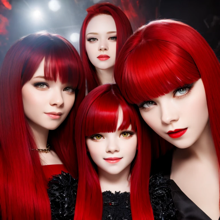 masterpiece, Best quality, a high resolution, 1 girl, One, A modern vampire, Red hair, long hair, open hair, Red eyes, evil smile, 2 young guys on either side of her, both vampires with Red hair, red and black outfit, scary background