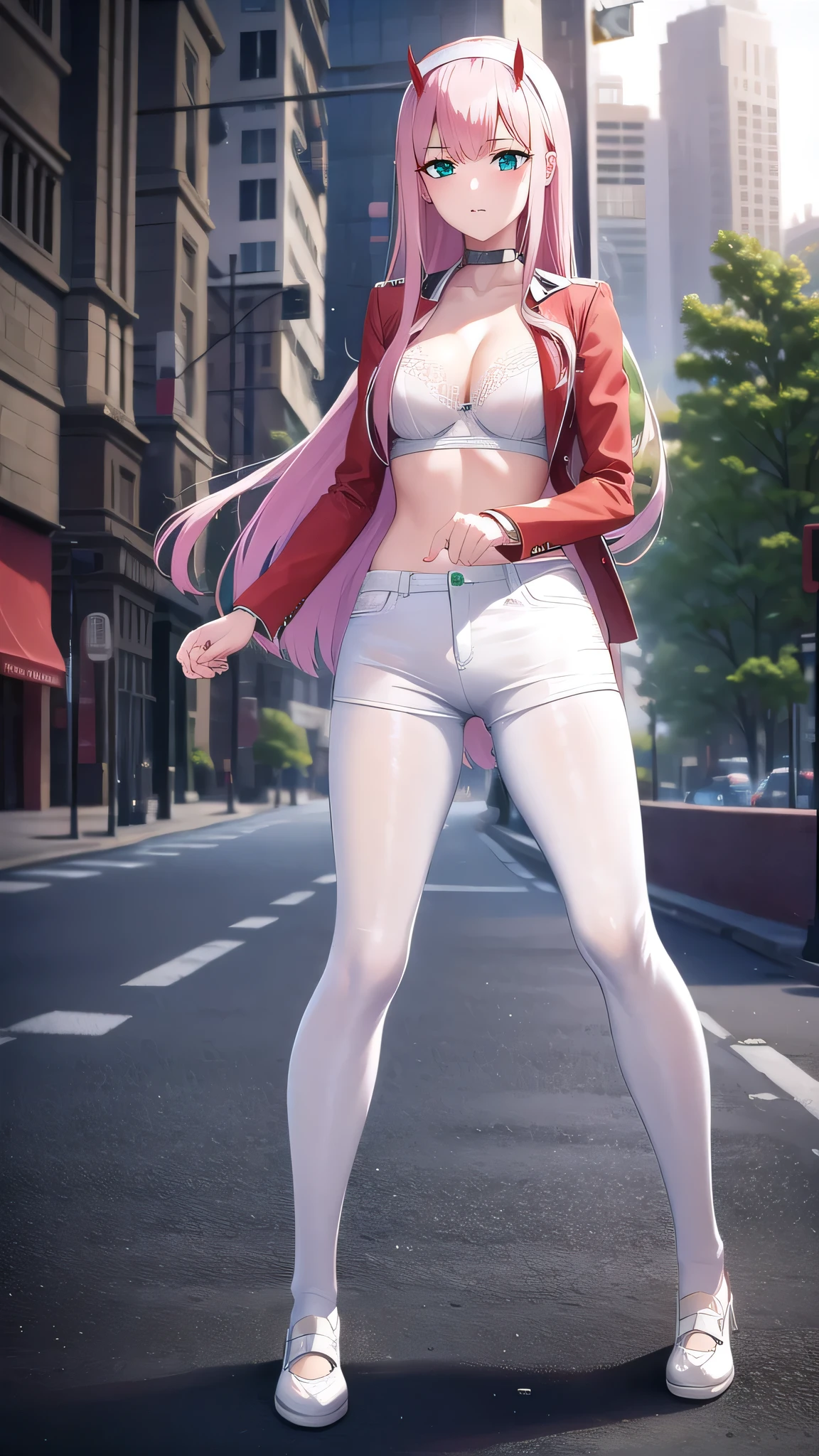 BREAK looking at viewer, BREAK (masterpiece:1.2), best quality, high resolution, unity 8k wallpaper, (illustration:0.8), (beautiful detailed eyes:1.6), extremely detailed face, perfect lighting, extremely detailed CG, (perfect hands, perfect anatomy),city,street,night,wet road, zero two, (green eyes:1.5), hairband, horns, long hair, pink hair, red horns, white hairband,jacket, leggings, red jacket, white footwear,skinny fit,long legs, in middle of street,upper body shot,unbuttoned shirt,cleavege,neckline,bra vissible.