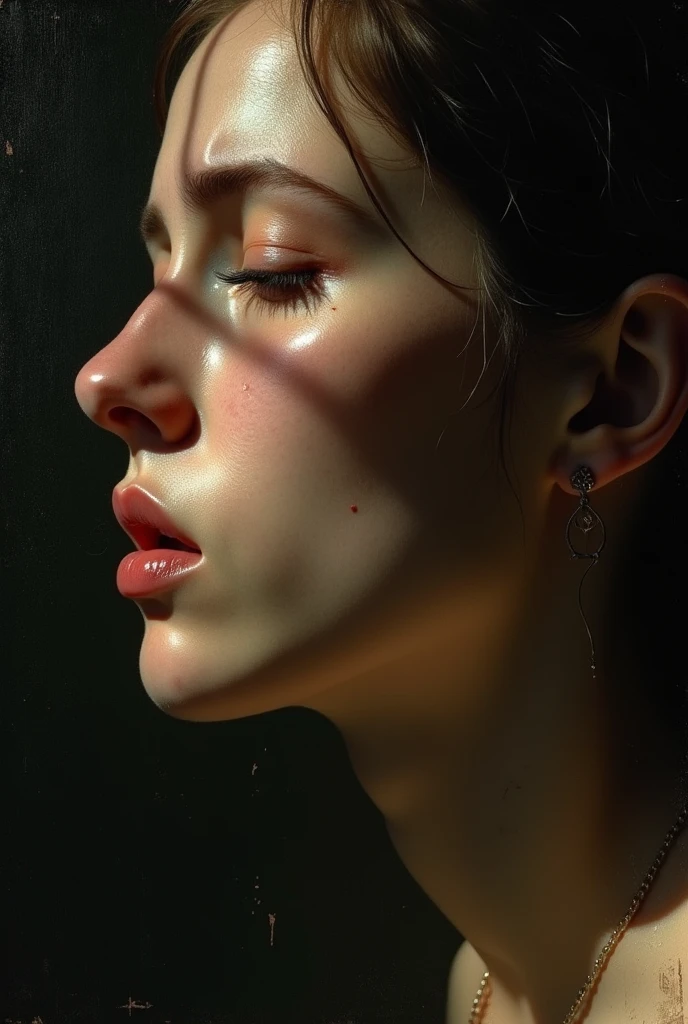 side profile, closing her eyes, female figure, renaissance style painting, clear tears on face, sad face expression, deep and gloomy vibe, obssessed with love, dangerous, broken heart, crying, face closed-up