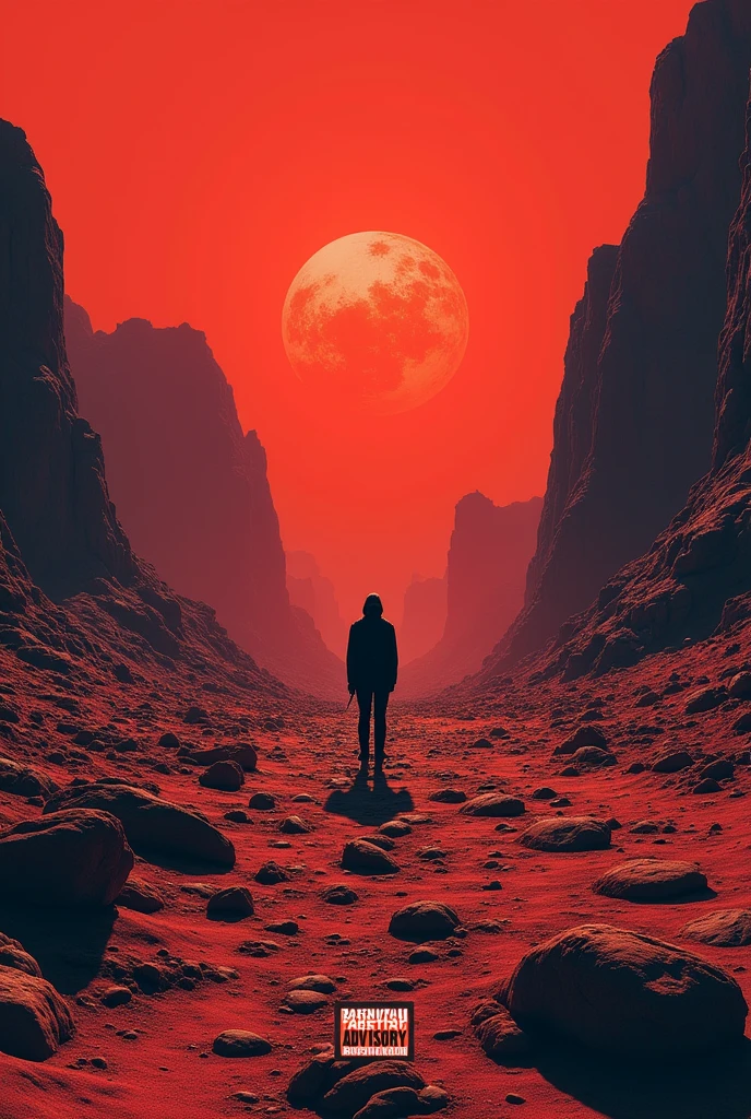 Make me an album cover, martian terrain, also add a parental advisory sticker 