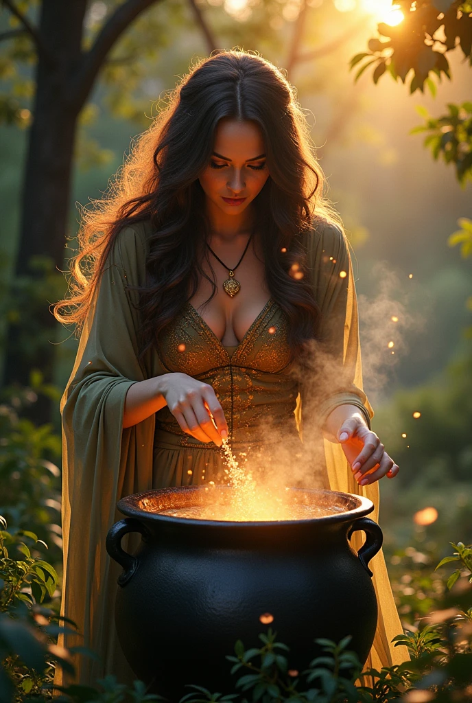 A beautiful witch with a cauldron at sunset