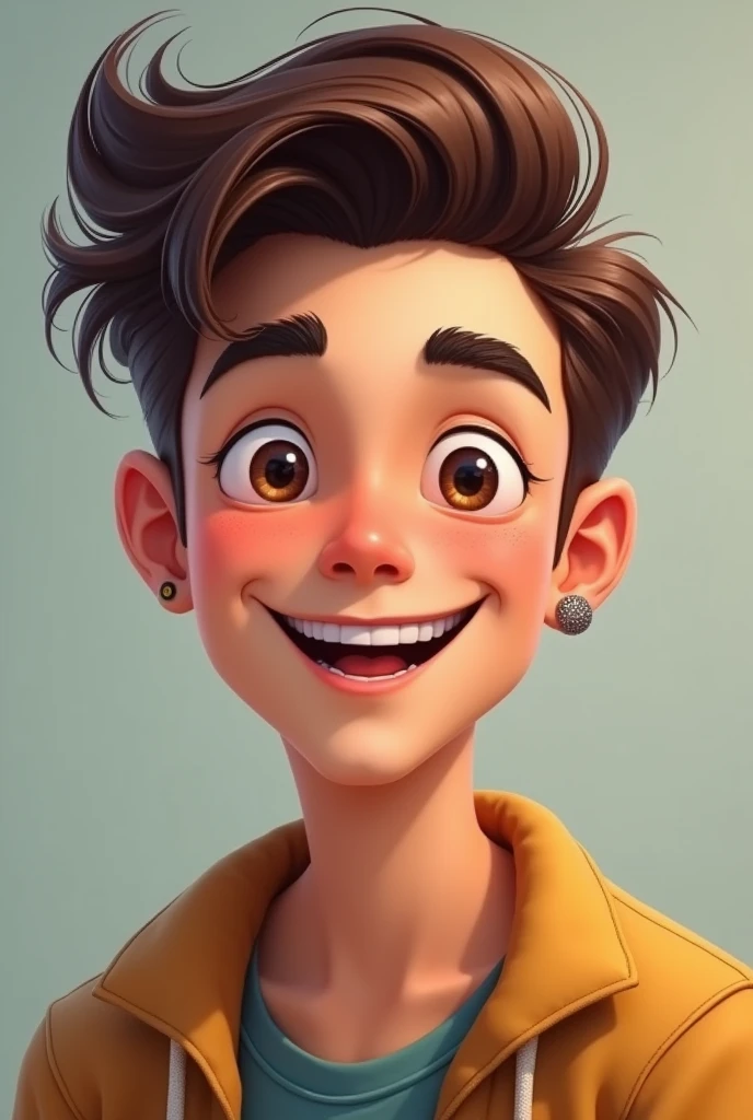 Young man with oval face, medium sized almond shaped eyes, short brown hair with quiff, medium complexion, Caucasian, with an earring in the left ear, cheered up
