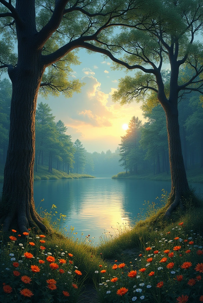 Scene conceptual design Tyndall Effect forest Mew vitality flowers and plants lake write or paint realistically dusk crosswise ancient tree