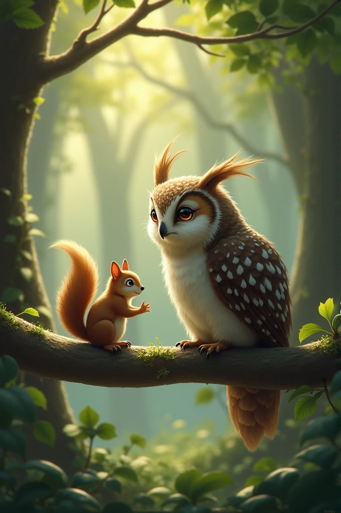 Oliver the wise owl talking gently to Sammy the squirrel, perched on a branch above him, offering advice in the peaceful forest."