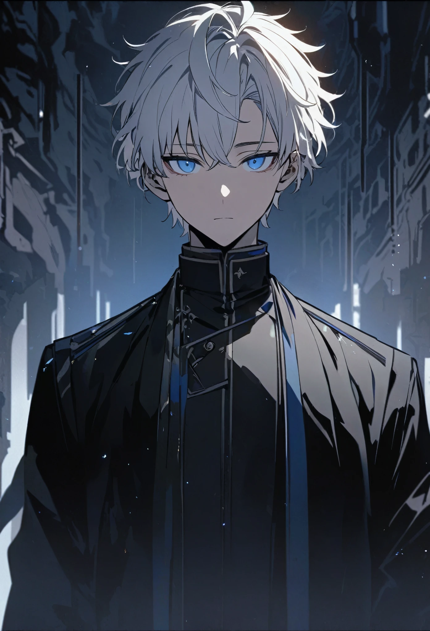 Handsome, solo, male, short hair, young, soft boy, white hair with black hair highlight, black and blue eyes, black and white coat, multicolored hair, calm, stand, 4k highres, staring at the viewer, standing still