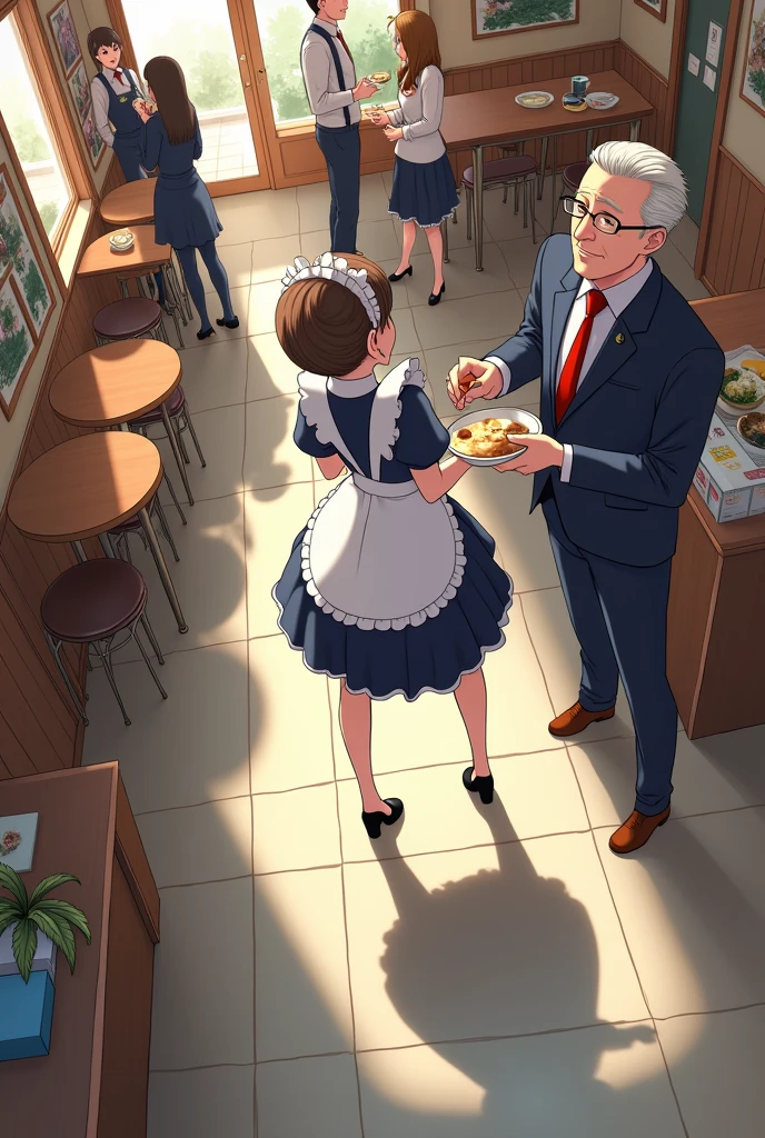 Top view of the inside of a maid cafe,
A cute and slim maid bends forward and sticks out her butt、I'm serving a fat old man.,
The floor of the shop is covered with mirrors.、It reflects everything beautifully, even showing the inside of the girl's skirt.,
The girl is not wearing underwear、All the guests are looking up the girl's skirt in the floor mirror.