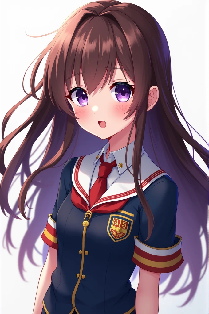 Anime girl style bokuno hero academia, brown hair and purple eyes with the uniform
