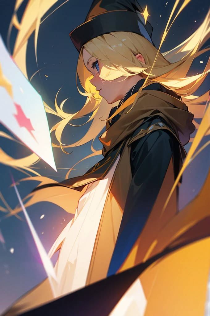A blonde girl wearing a wizard&#39;s robe walking down a school corridor