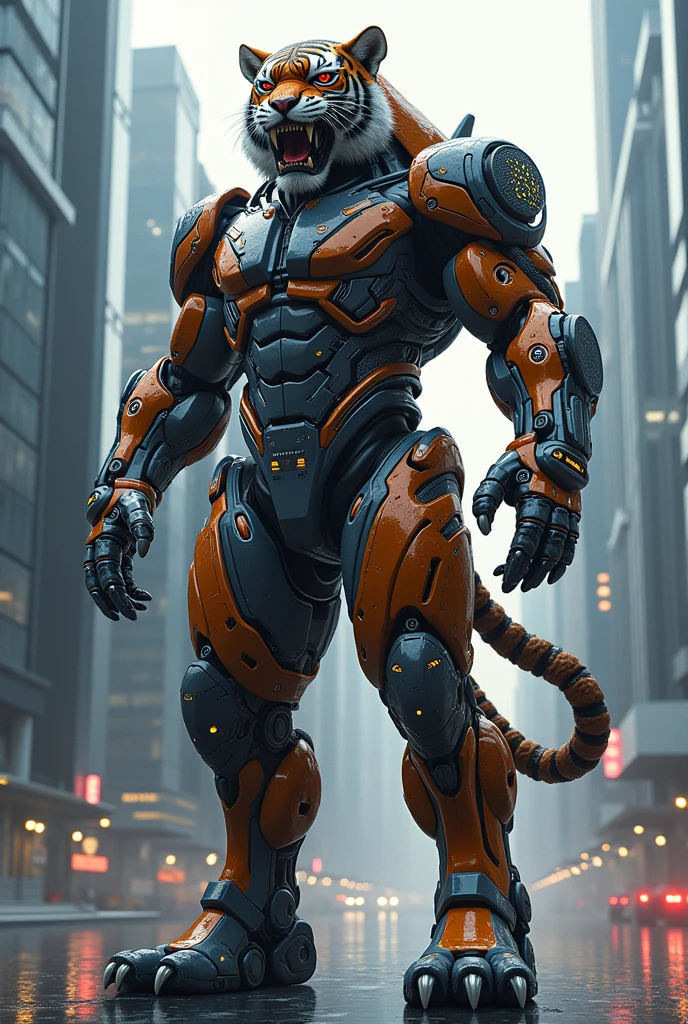 Create a mascot with concept of tiger inception , year 2070 style , futuristic , massive , brave , tiger guardian , bioengineering human