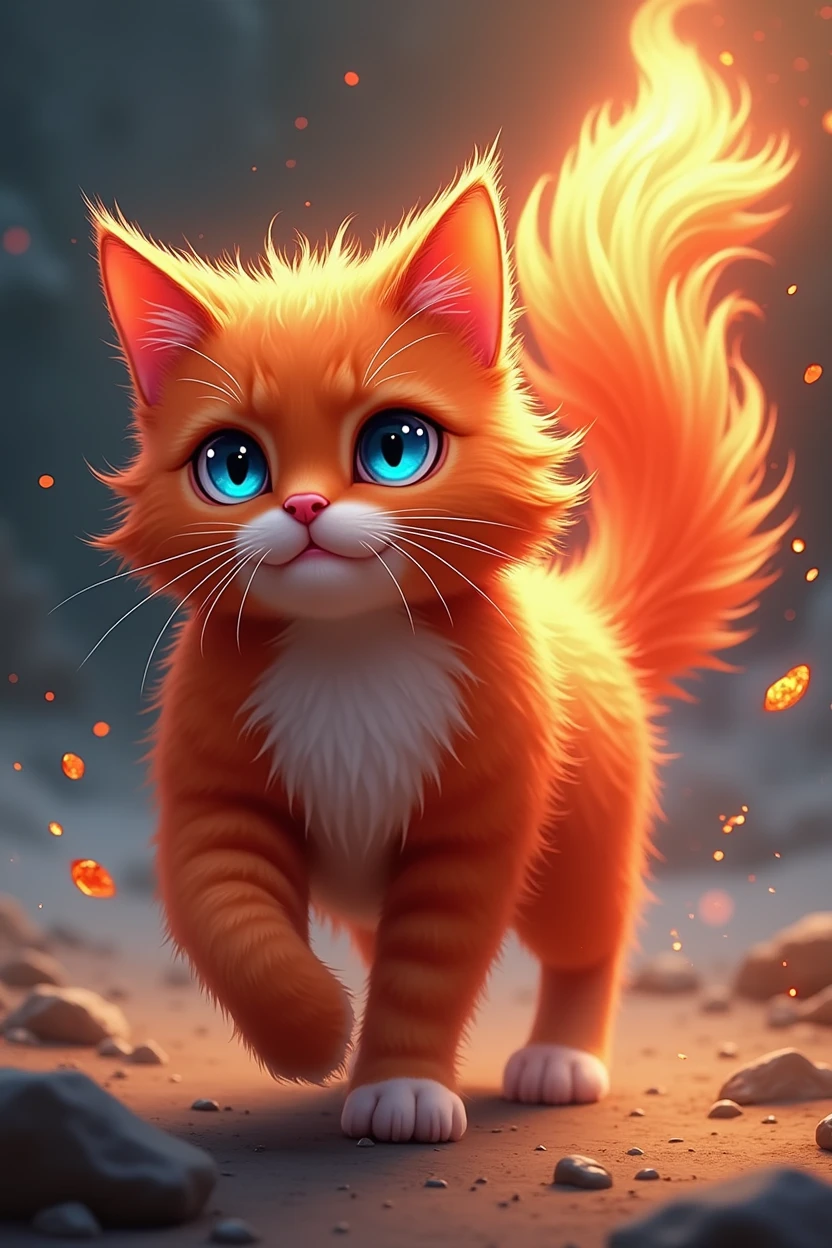 Passionate cat. The flame of the red beautiful cat tail gradually extinguishes. The background of blue eyes is Chinese style. It has a sense of speed and is moving towards the love on the top of the mountain.
