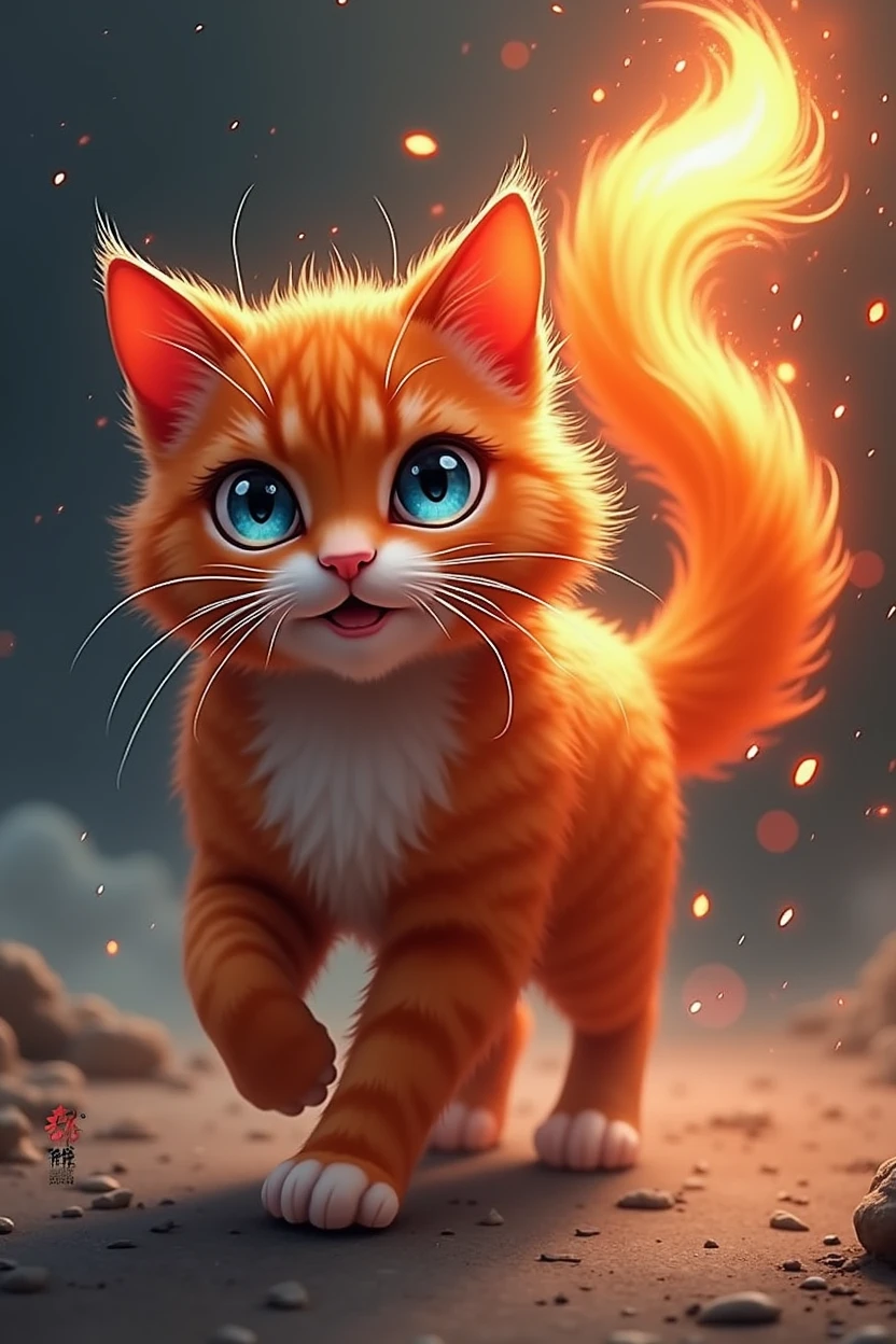 Passionate cat. The flame of the red beautiful cat tail gradually extinguishes. The background of blue eyes is Chinese style. It has a sense of speed and is moving towards the love on the top of the mountain.