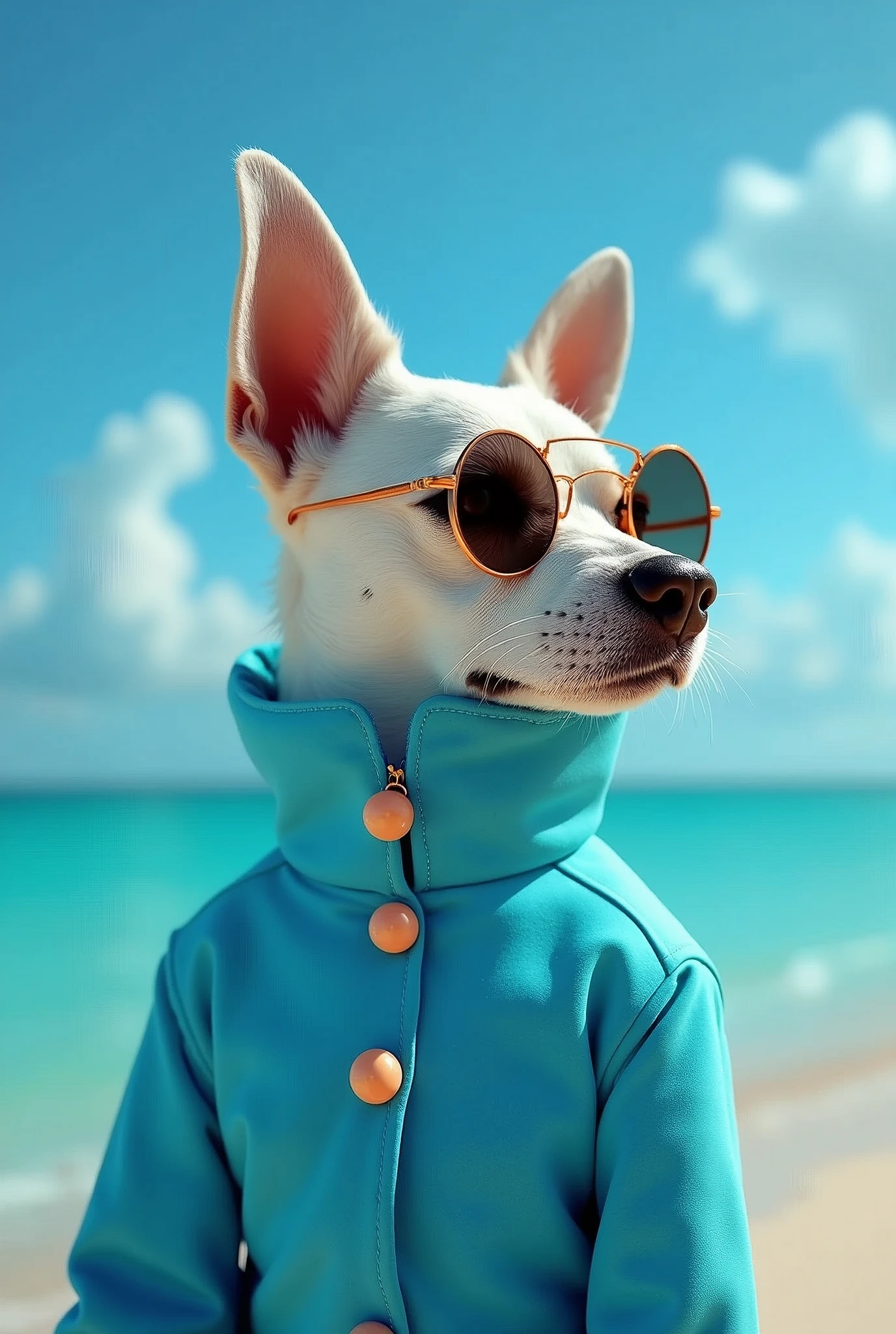 The best cell phone wallpaper, Award-Winning Wallpaper, portrait photography, In the front view is a portrait of a cute dog wearing mid-1960s space age fashion, Side view photo, Shot with Canon EOS R5, Set a strong contrast that accentuates the subject, Fluorescent blue tone, Wearing a very modern coat and sunglasses is a modern 1960s style, Clothes all in one color, beautiful background