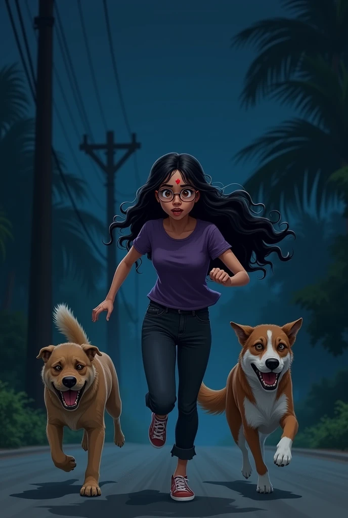 A girl on road chasing 2 dogs
The dogs should be bigger. It should be night time. The girl should have black open hair till chest level. She also should have a round spectacles. And a red round wound in the nose. She should scare the dogs. The girls wears a purple top and jeans. The hair should be wavy till waist. It is a Indian Kerala girl. The dogs should be scared and running away from her at a distance. Make the dogs run for life. The girl is chasing at a distance. The hairstyle of the girl is bit curly and a bit shorter than the current size. Make the jeans black coloured, and the girl in medium size
