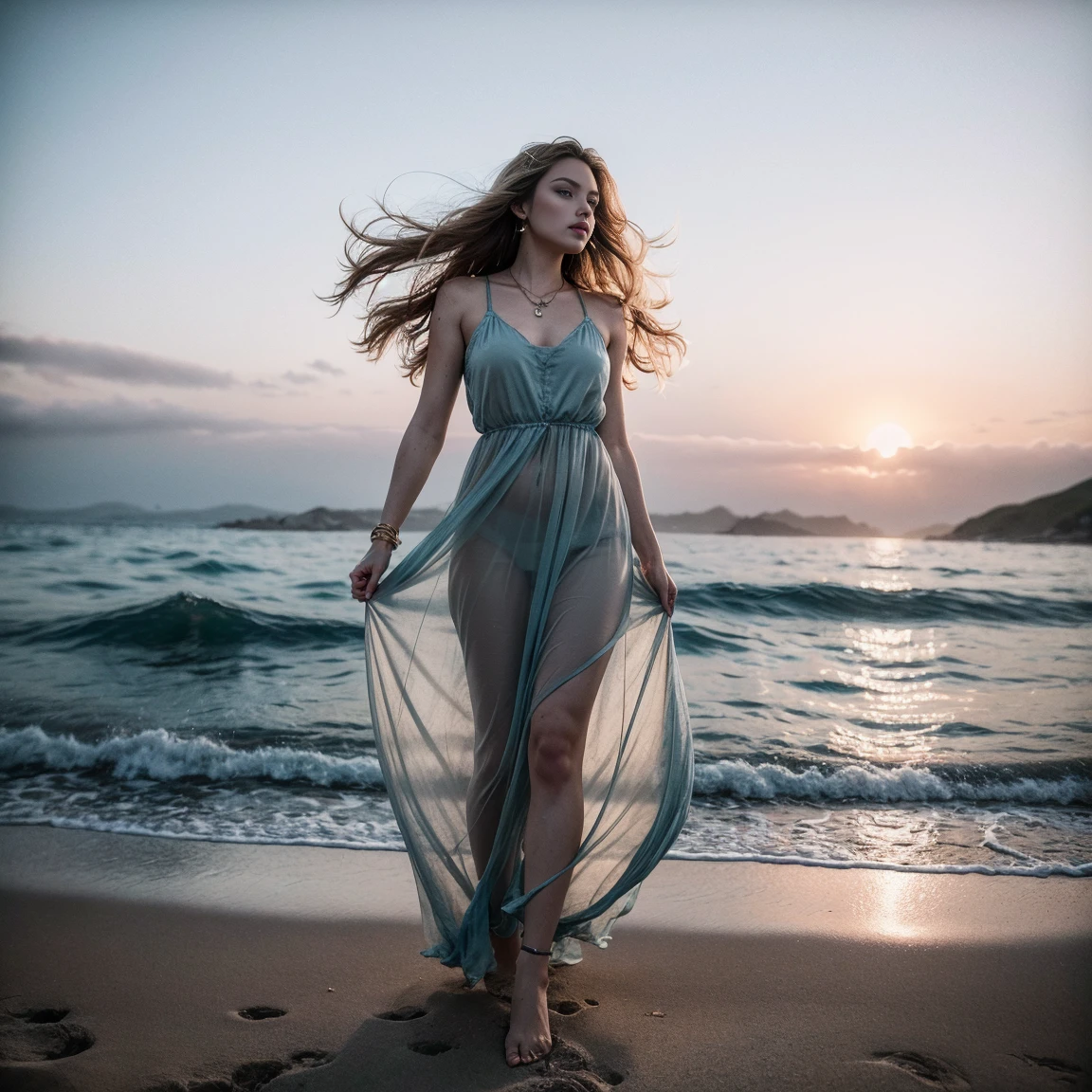 (detailed), perfect face, realistic photo of beautiful woman, blue eyes, piercing eyes, long hair, blond hair, wearing detailed necklace, Polish, influencer, light freckles, big lips, no makeup, wearing detailed bracelet, wearing detailed watch, wearing detailed diamond ring, Instagram, k, sharp photo, perfect body, model looking, realistic photo of a woman, romantic atmosphere, The full-body shot of this attractive toman should feature a striking pose, random hairstyle, golden, blond hair color, perfect detailed hands, perfect detailed fingers, ((best quality)), ((masterpiece)), secluded beach at sunrise, where the first light of day paints the sky in shades of pink and soft orange. The gentle sound of waves lapping against the shore creates a tranquil ambiance. A light, salty breeze carries the fresh scent of the ocean. Standing on the soft, white sand is a woman with sun-kissed blonde hair and captivating blue eyes that mirror the vast ocean before her. She wears a light blue, chiffon maxi dress that flows with the wind, adorned with a delicate, sea-themed silver charm bracelet and matching earrings. Her feet are bare, connecting her to the natural beauty of the beach. This serene coastal setting, combined with her ocean-inspired attire, creates a harmonious and elegant image. advertising poster style, (solo, full body photo:1.3), (action packed:1.3) (looking away:1.3), (haze, fog, mist:1.3), chiaroscuro, AnalogRedmAF (8k, RAW photo, best quality, masterpiece:1.2), (realistic, raw photo:1.37), best quality, ultra high res, 1woman,night,wet,rain,red (photorealistic face:1.2), (8k), (4k), (Masterpiece),(realistic skin texture), (illustration, cinematic lighting,wallpaper),(beautiful eyes:1.2),((((perfect face)))),(cute),(standing),(blonde hair),(long hair),grey eyes,red lips, (outdoors), perfect eyes Professional, modern, product-focused, commercial, eye-catching, highly detailed