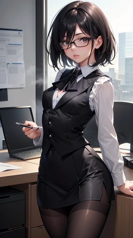 masterpiece, Super detailed, 8K Portrait, RAW Photos, Portrait Photography, Highly detailed face, 1 female, (((((Spread standing legs))))), 33 years old, (((((expensive))))), (((Small eyes))), Glasses, (((Very short black hair))), (((Hair on one eye))), (((Light skin))), (Office Lady Suits:1.5), Long sleeve dress shirt, (Black vest:1.5), (Micro Skirt:1.5), ((Black hose)), (((pumps))), Midday Sun, Ultra-realistic, Body Model, ((Small breaseautiful breasts, (Bi Long legs, Ine office room, Ambient Lighting, Shadow Details, Camera focus on face, Strong winds, Light fog
