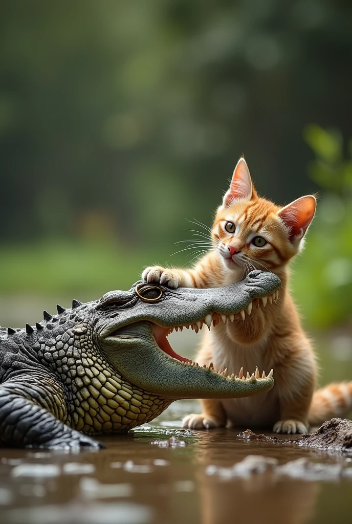 Cat playing with a crocodile