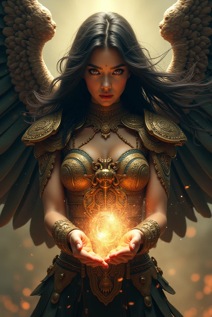 Quetzalcoatl beautiful female version golden eyes long black hair wings with warrior armor holding galaxies in her hands