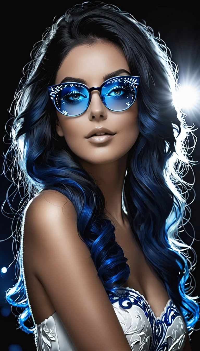 Photo noir et blanc et bleu profond, une femme heureuse et rayonnante de bonheur aux yeux bleus sublimes, (longs cheveux bleu_nuit très détaillés avec des reflets bleu électrique très détaillés), une grande paire de fines lunettes en titane , une peau impeccable, tir à moitié du corps, cheveux darkblue, intensité du regard captivant, style de photographie fantaisiste, capturé avec un appareil photo, Cinématique, Éclairage dramatique, Extrêmement clair, masterpiece surréaliste à couper le souffle.
