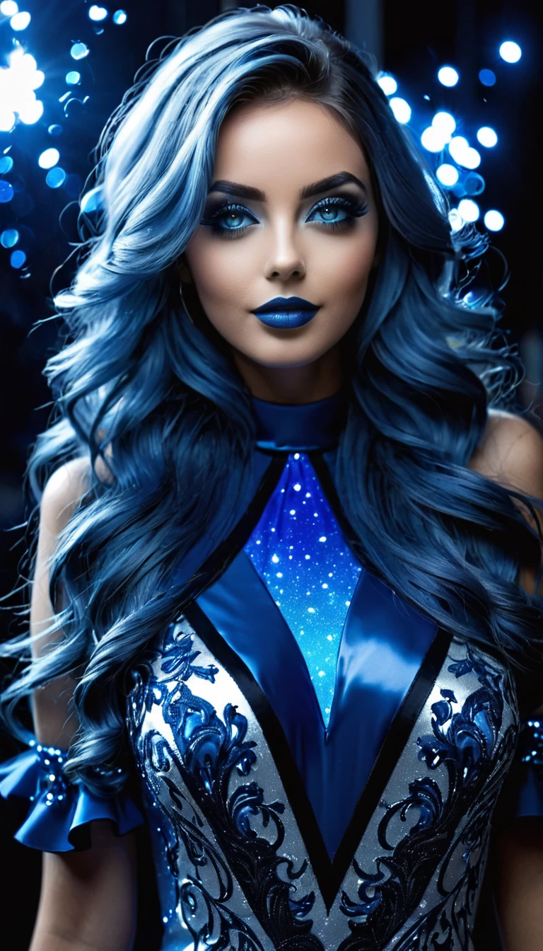 Photo noir et blanc et bleu profond, une femme heureuse et rayonnante de bonheur aux yeux bleus sublimes, (longs cheveux bleu_nuit très détaillés avec des reflets bleu électrique très détaillés), une grande paire de fines lunettes en titane , une peau impeccable, tir à moitié du corps, cheveux darkblue, intensité du regard captivant, style de photographie fantaisiste, capturé avec un appareil photo, Cinématique, Éclairage dramatique, Extrêmement clair, masterpiece surréaliste à couper le souffle.
