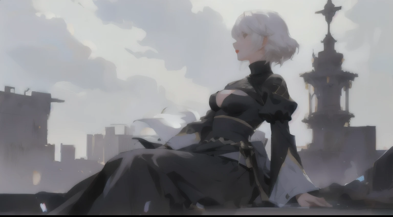 City ruins Background, 3 character sitting on a rock, yorha 2b, WLOP, breast, , cleavage cutout, Garment cutting, air between the eyes, Headband, high resolution, Juliet Sleeves, Long sleeve, Nierl (series), Neil automata, Puff sleeves, Red lips, Shadowed side, short hair, Solitary, turtleneck sweater, Upper Body, White hair, Sky