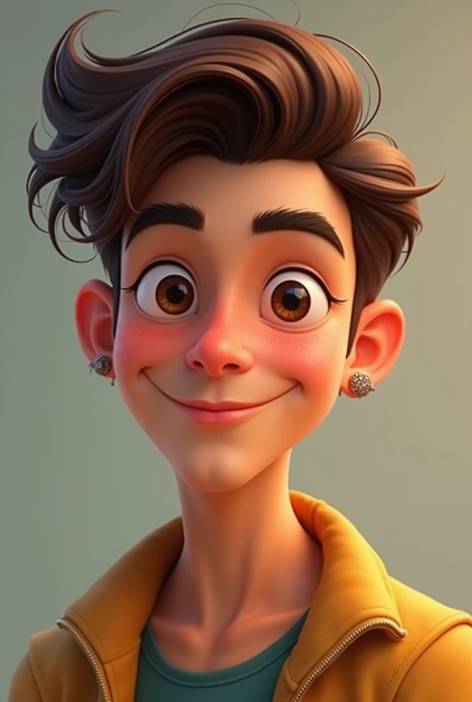 Young man with oval face, medium sized almond shaped eyes, short brown hair with quiff, medium complexion, Caucasian, with an earring in the left ear, Disney design