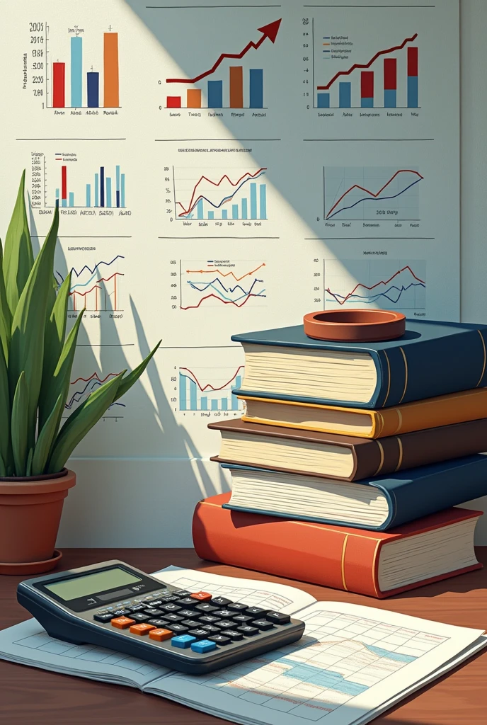 Calculator placed over accountancy books, economics book bundle, micro economics graphs placed, demand and supply, company, firm cliparts