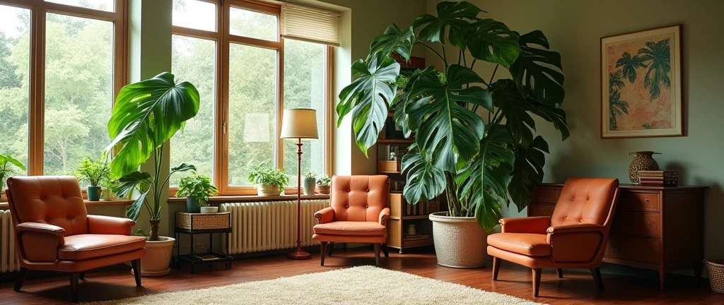 Picture of a huge Monstera Thai Constellation in a small living room. The furniture in the room dates from the 1950s. There are large windows. Photo style is realistic.