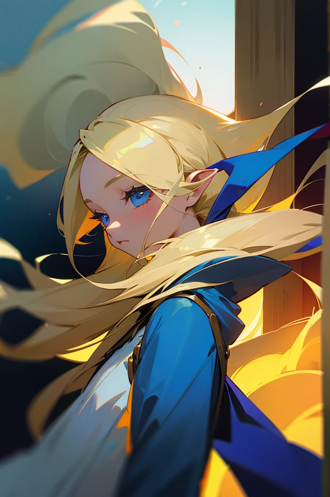 A blonde girl wearing a wizard&#39;s robe walking down a school corridor