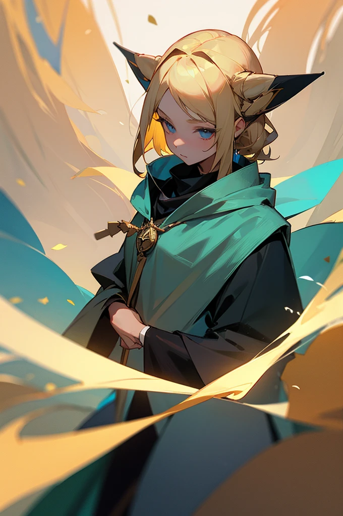 A blonde girl wearing a wizard&#39;s robe walking down a school corridor
