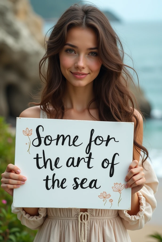 Beautiful girl with wavy long hair, bohemian dress, holding a white board with text "I Love Seaart Infinity" and showing it to the viewer