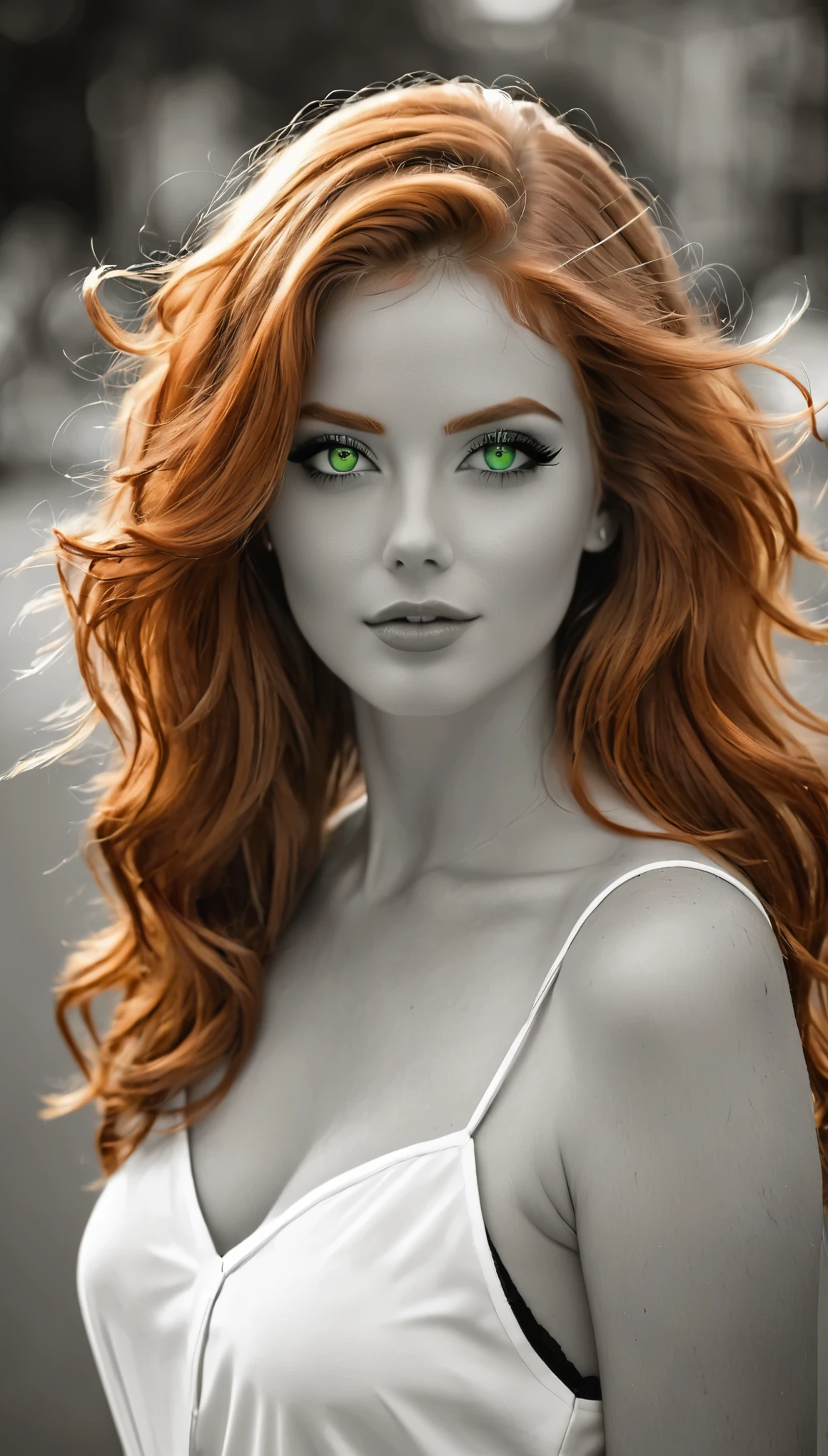Photo noir et blanc et deux autres couleurs, une sublime femme rousse heureuse et rayonnante de bonheur aux yeux verts foncés sublimes, (longs cheveux roux électriques très détaillés), une grande paire de fines lunettes en titane , une peau impeccable, tir de tout le corps, intensité du regard captivant, style de photographie fantaisiste, capturé avec un appareil photo, Cinématique, Éclairage dramatique, Extrêmement clair, masterpiece surréaliste à couper le souffle.
