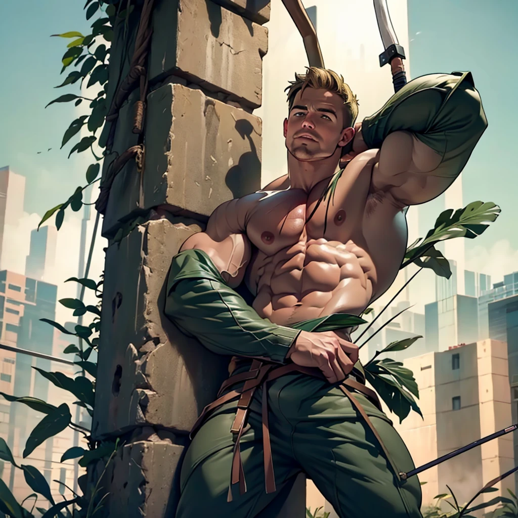 Nsfw , naked,32k, high quality , detailed face , detailed fingers ,detailed muscles, (((stephen AMELL))) as green arrow , totally naked , no cloth, showing balls and a hard cock, , showing a dark blond short hair , a well groomed facial hair , hard nipples, ,hunk and handsome, shooting with his bow and arrow toward the enemy , with the quiver on his back full of arrows on the roof , spread legs