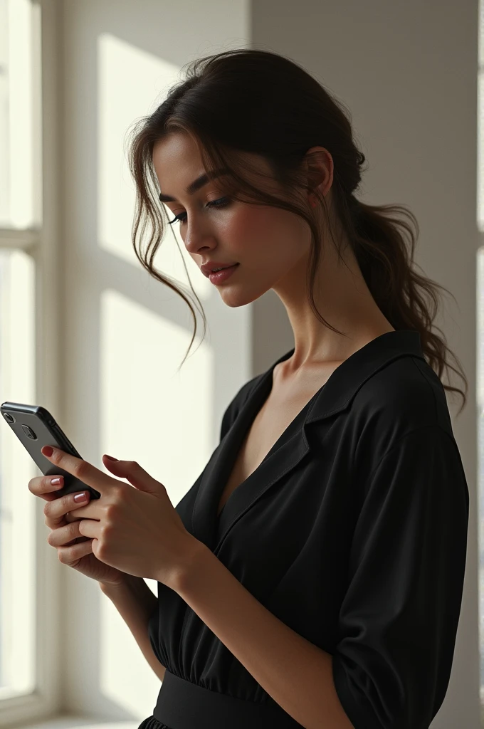 A woman in a top holding a cell phone 