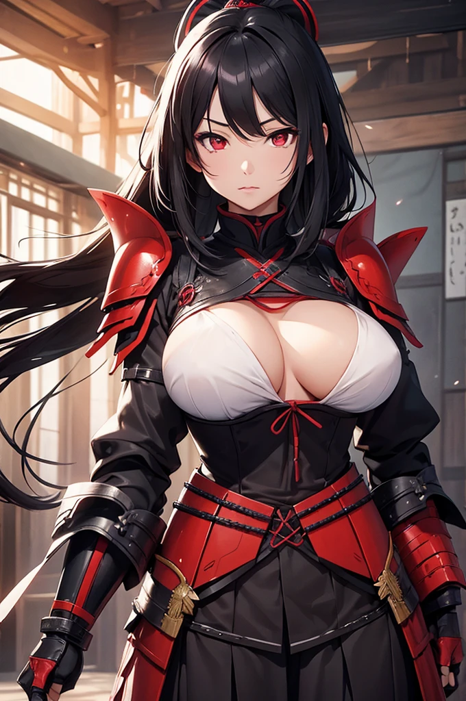 Woman samurai armor long black hair red eyes big breast sword village