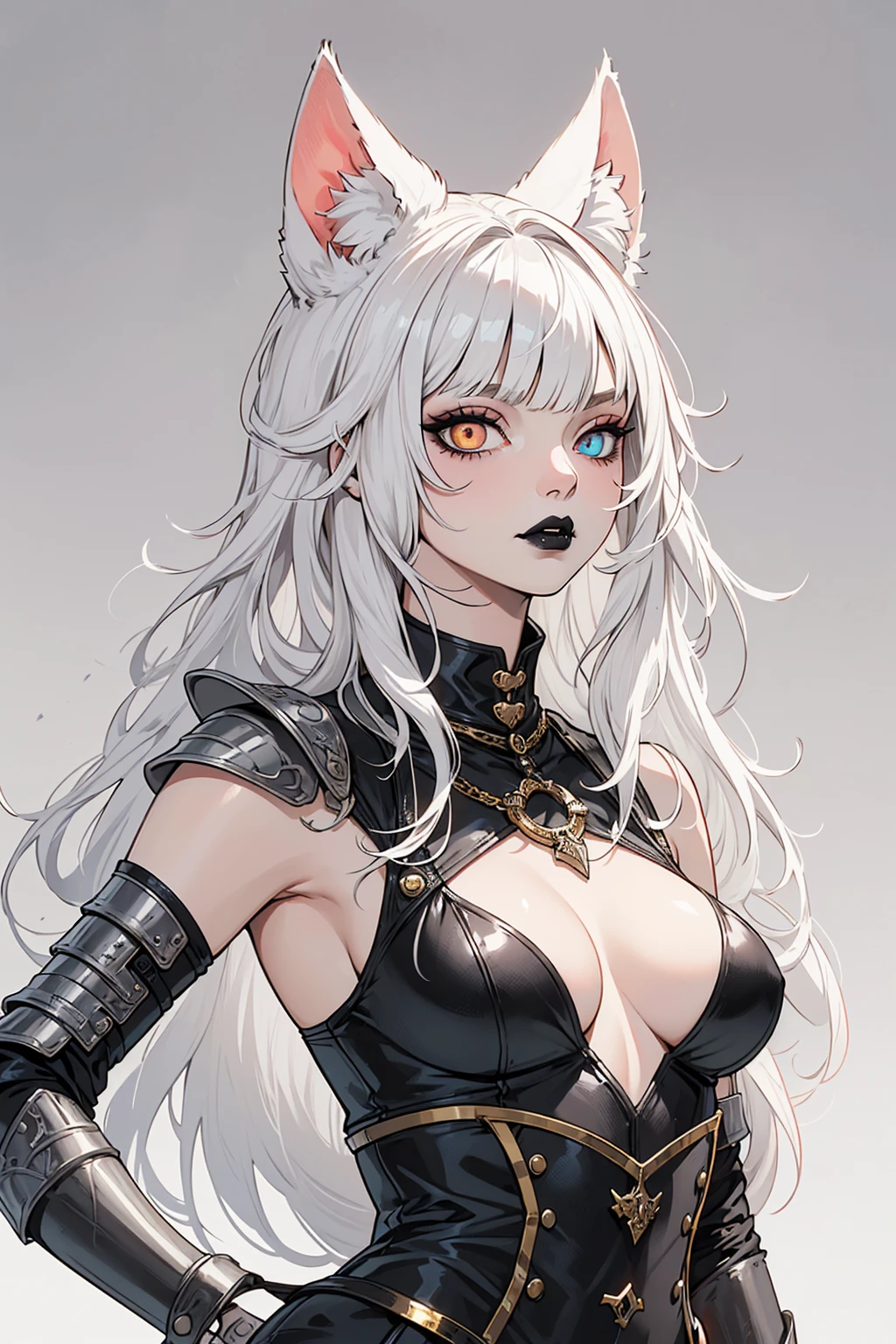 masterpiece, accurate, anatomically correct, super detail, high details, high quality, best quality, highres, 4K, female character illustration, female rpg character, 1 adult woman aged 25, She is a catgirl, perfect body, has fair and milky skin, medium breasts, ((cat heterochromia, with red and gold eyes)), perfect bright eyes, (((white hair, long with blunt bangs))), animal ears, cat ears, ((gothic makeup, black lipstick)), ((She wears medieval fantasy armor)), She wears a richly detailed black leather cat choker, simple background, solo, stomach, upper body, white background.