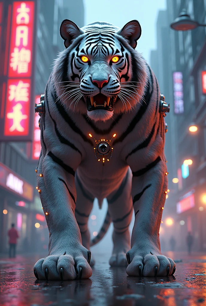Create a mascot with concept of tiger inception , year 2070 style , futuristic , massive , brave , tiger guardian , bioengineering human, protect art , weapon
