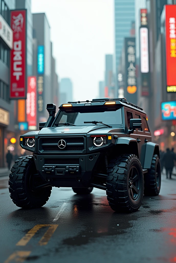 South Korean all-terrain tactical vehicle, transiting in the city of Seoul, wide angle, octane rendering, volumetric lighting, ultra detailed, intricate details, golden ratio, 3D image, resolution 64K. Photographic style: Canon EOS 90D Camera, lente 50mm, F2 aperture.5 