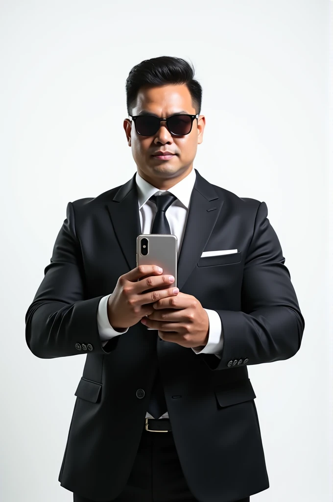 Asian strong buff man(He is strong,buff,confident, wears a suit and sunglasses and look fearless.)showing phone 
with white background