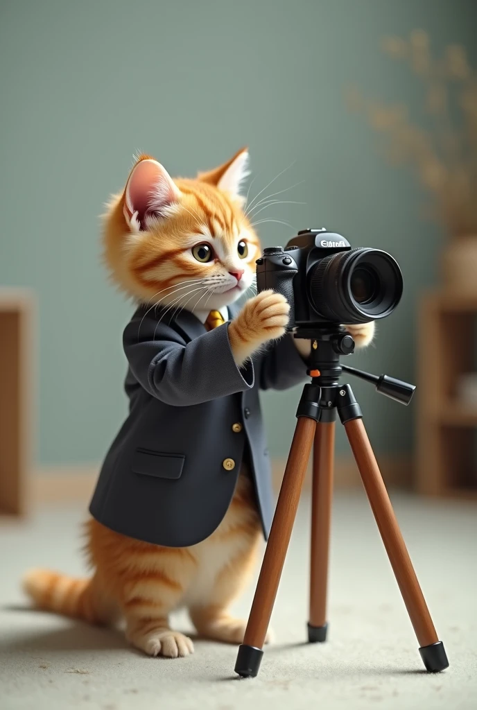 Cute cat cat，Personification，Standing，Hold the camera，tripod，Photographer，Photo gesture，,Suit,tie, (Delicate face), (Fine fluffy fur)，（35mm Cinema Lens），（Multi-angle shooting），（many viewing angles）