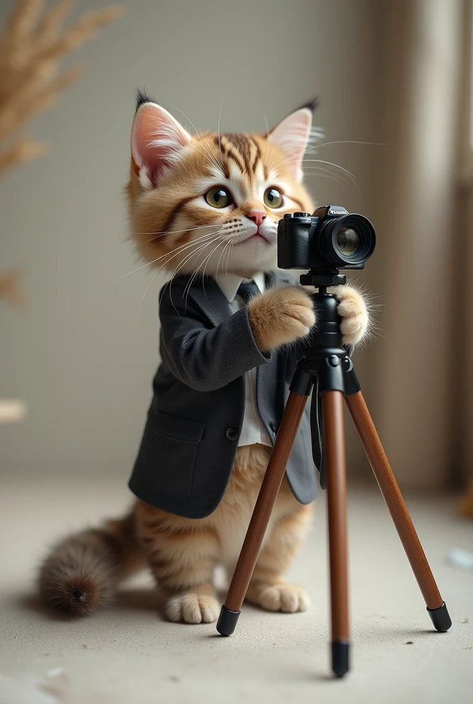 Cute cat cat，Personification，Standing，Hold the camera，tripod，Photographer，Photo gesture，,Suit,tie, (Delicate face), (Fine fluffy fur)，（35mm Cinema Lens），（Multi-angle shooting），（many viewing angles）