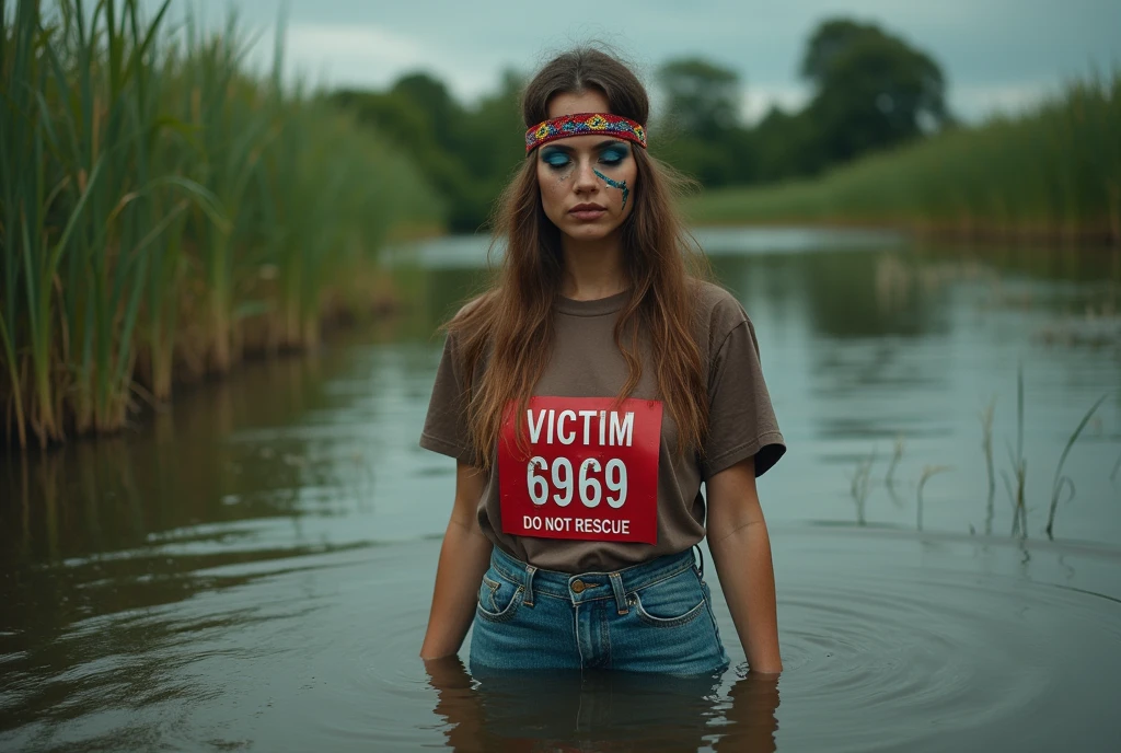 extremely detailed woman in jeans and t-shirt, sport small race bib "VICTIM 6969 DO NOT RESCUE", is victim of ritual, drowning in bog, in the middle of a bog, sexy photoshoot posing, ethnic haedband with label "drowning",provocative traditional indigenous makeup. red, green, blue