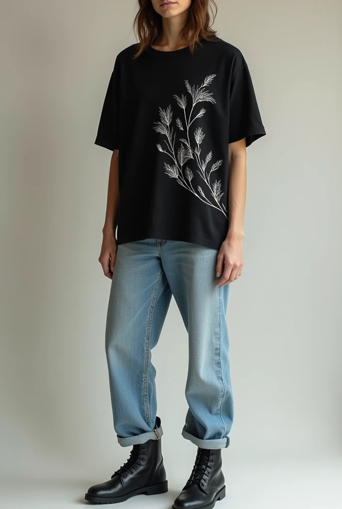 Give me an image of an outfit with a black shirt with light-colored jeans and black boots. Excellent, except that the color of the jeans is even lighter and the shirt has a design with some shapes like white leaves.