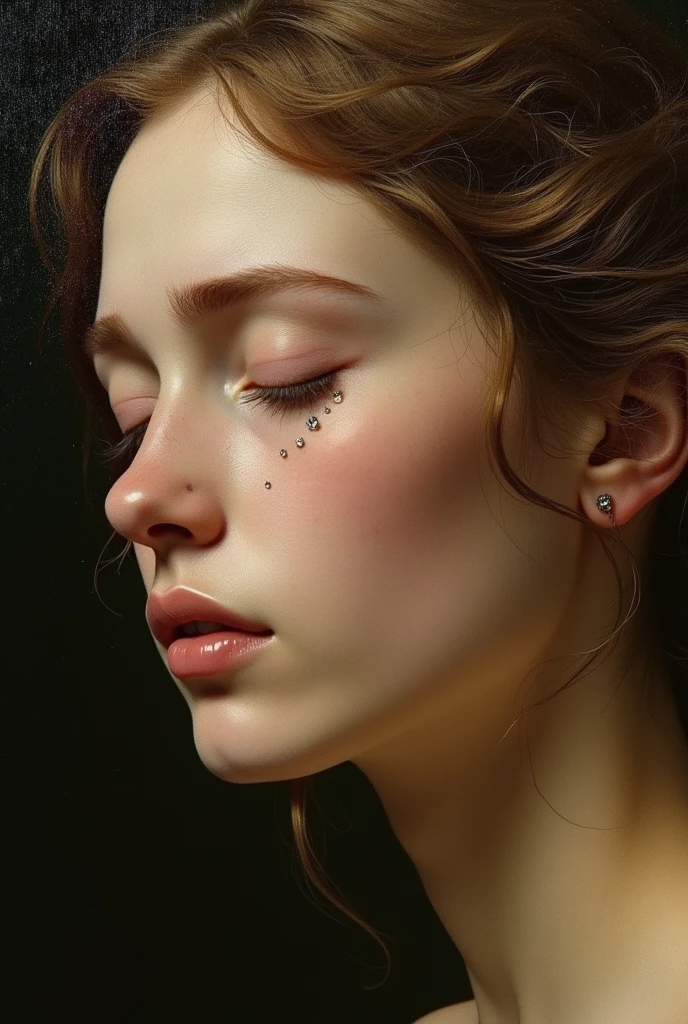 closing her eyes, female figure, renaissance style painting, clear tears on face, peacful face expression, calm and peaceful vibe, tears like diamonds, broken heart, crying, face closed-up