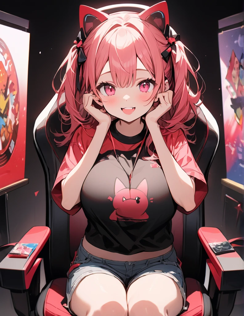 anime、Digital Art、Flat Design、Big Breasts、Wearing a shirt with a cat printed on it、Wearing short plain shorts、Sitting in a gaming chair、Both hands on cheeks、Cute Smile、It looks delicious、Drooling、whole body、超High resolution, (masterpiece:1.2), Highest quality, High resolution, Awards, Attention to detail、her hair color is pink&red、Your eyes are sparkling