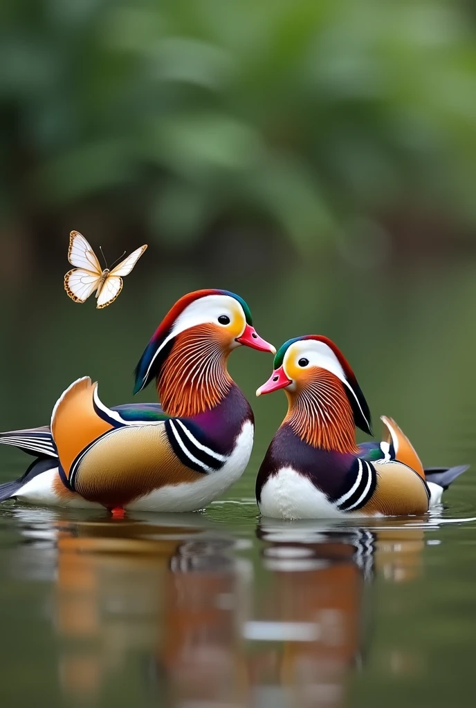 Mandarin ducks live together and butterflies fly together