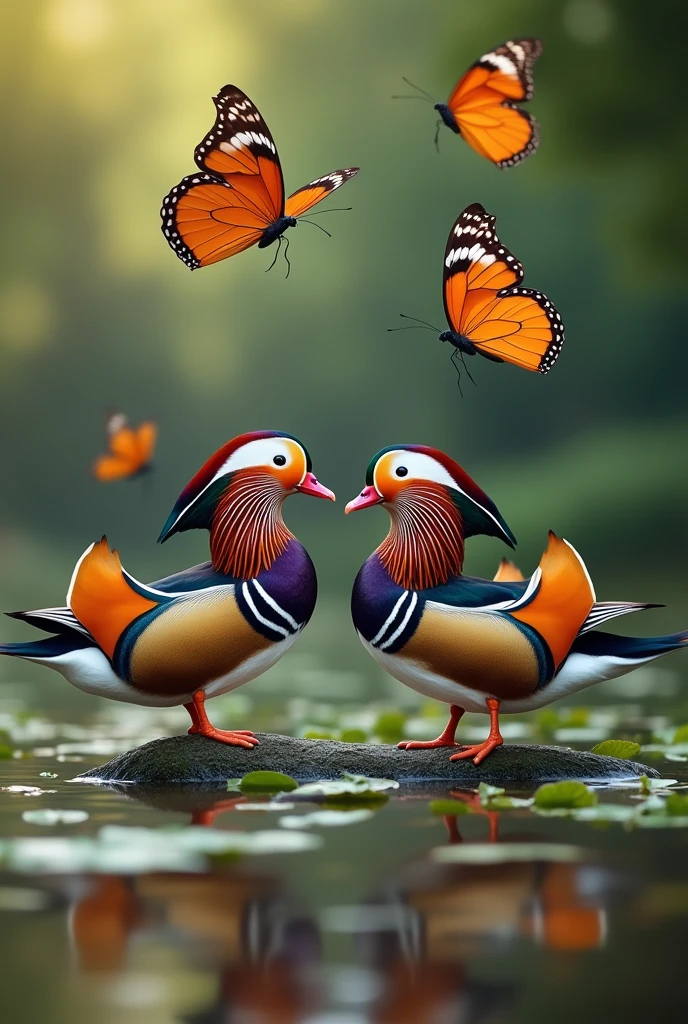 Mandarin ducks live together and butterflies fly together